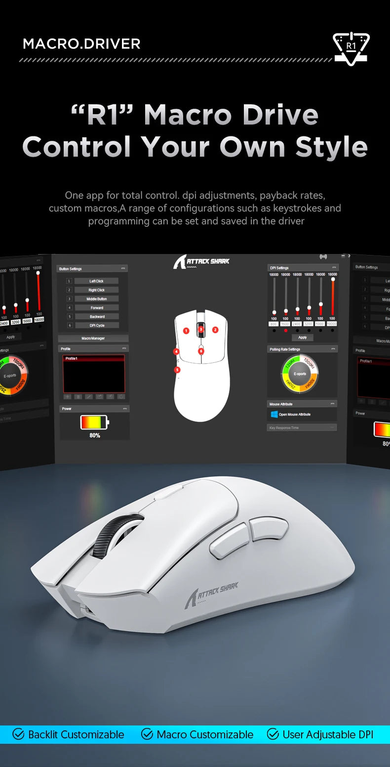 Attack Shark R1 Wireless Mouse Bluetooth Gaming Mouse,Viral Mouse Reviewed by Influencers PAW3311 Sensor,1000Hz Return-rate
