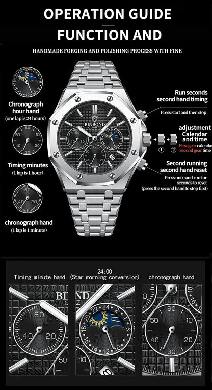 BINBONG B0161 Top Brand Man Business Quartz Watch Chronograph Wristwatch Stainless Steel Strap 30M Waterproof Luxury Men Watch