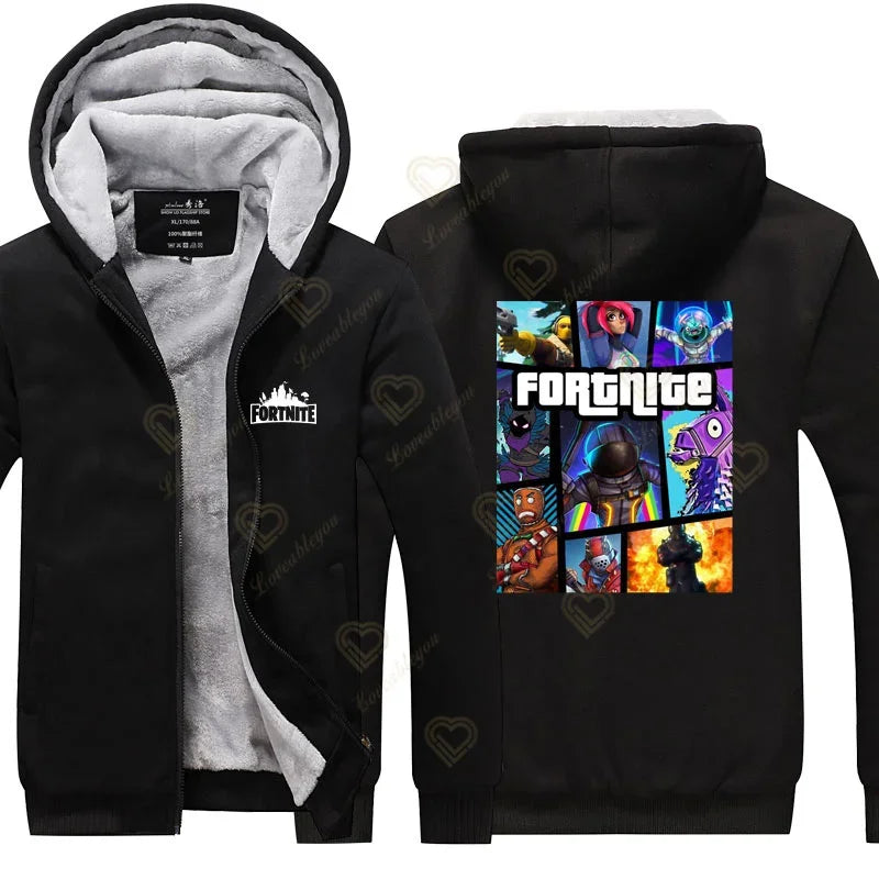 Winter Warm Fortnite Luminescent Hoodies Men Women Game Cosplay Sweatshirts Thick Fleece Zipper Couple Jacket&Coat