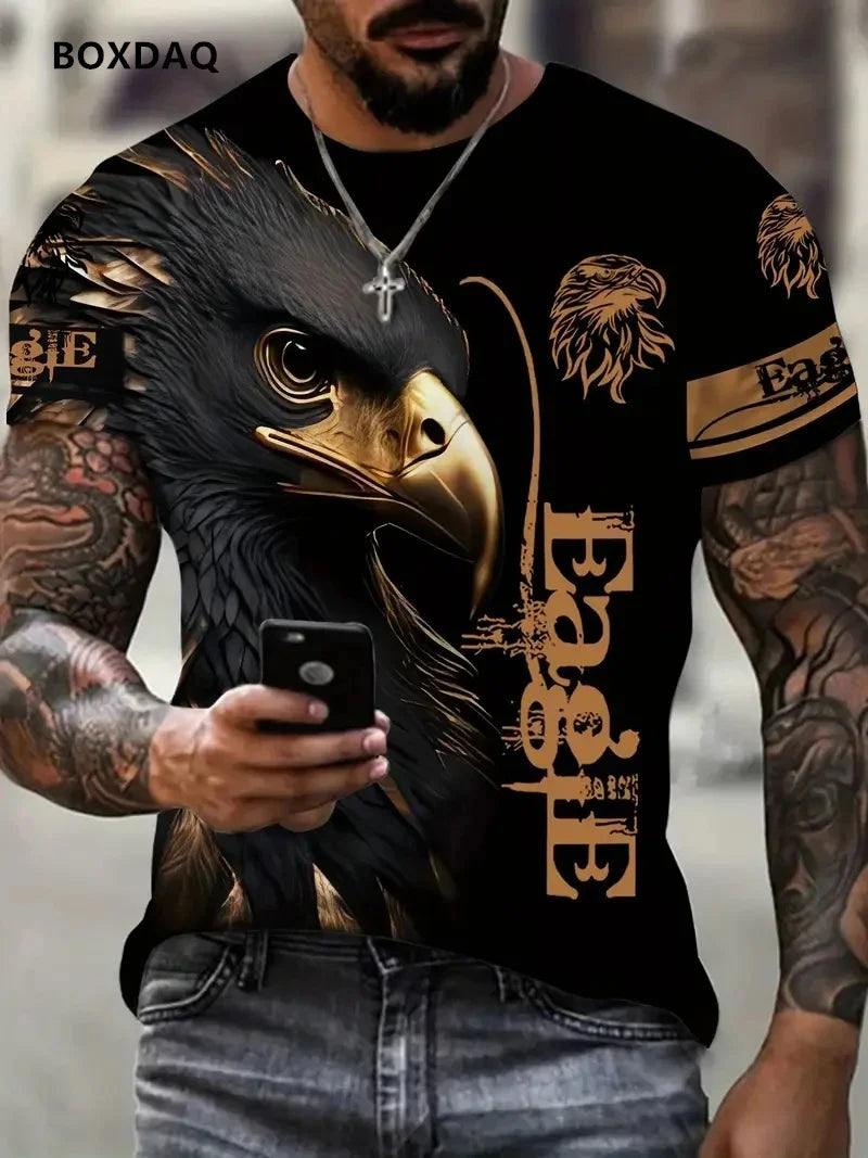 Luźny męski T-shirt Fashion Eagle z okrągłym dekoltem, casualowy top z krótkim rękawem, uliczny T-shirt z nadrukiem 3D zwierzęcia, rozmiar do 6XL, oddychająca koszulka