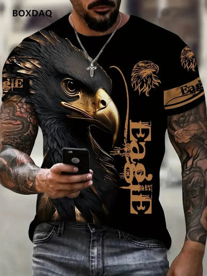 Luźny męski T-shirt Fashion Eagle z okrągłym dekoltem, casualowy top z krótkim rękawem, uliczny T-shirt z nadrukiem 3D zwierzęcia, rozmiar do 6XL, oddychająca koszulka