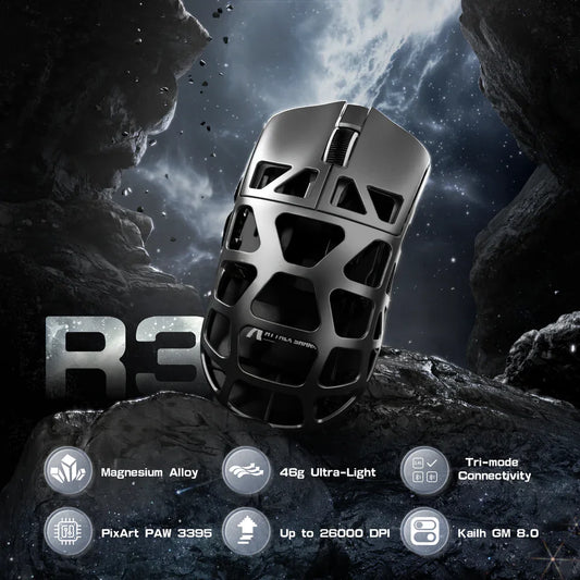 ATTACK SHARK R3 magnio lydinio žaidimų pelė 8K SUPERLIGHT 8000Hz, 6 reguliuojami DPI iki 26000, PAW3395, BT/2.4G belaidė / laidinė