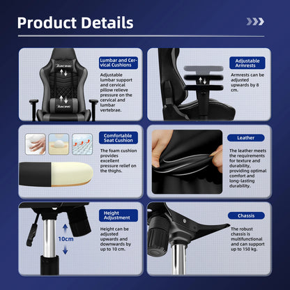 AUTHMIC Ergonomic Gaming Chair Office Recliner with Lumbar Support Adjustable Armrest 150kg Load for Home Work Gamer Setup