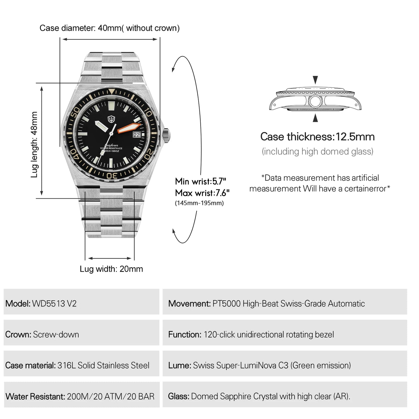 Watchdives WD0017 41mm Men Watch Ronda 515 VH31 Sweep Second Quartz Watches Sapphire Crystal 200M Waterproof Stainless Steel