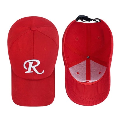 R-Buchstabe, Bandstickerei, Baumwolle, verstellbar, Baseballkappe mit festem Schirm, Sonnenhut, Trucker-Caps, Hip-Hop-Caps