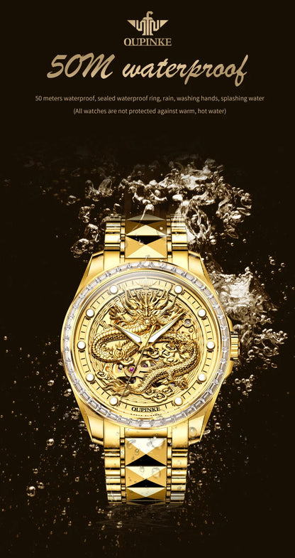 Reloj para hombre OUPINKE de marca de lujo, oro y acero de tungsteno, original, automático mecánico, con esfera decorada con motivo de dragón