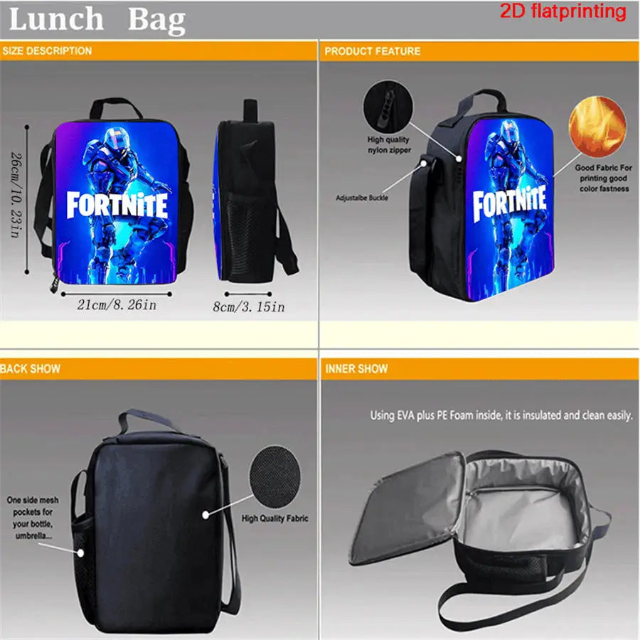 Cartoon FORTNITE Insulated Cooler Lunch Bag Cute Portable Lightweight Picnic Bag for Boys & Girls Age 5-10 Kids Daily Food Bag