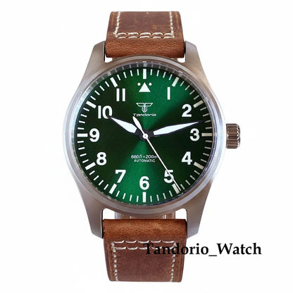 Tandorio 39mm Luxury Pilot Style Automatic Mechanical Men Watch For Miyota 8215 Movement 20ATM Luminous Diver Wristwatch Leather