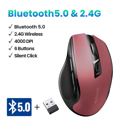 UGREEN langaton hiiri Bluetooth 5.0, ergonominen 4000DPI, 6 hiljaista painiketta, MacBookille, tabletille, kannettaville tietokoneille, tietokoneelle ja PC:lle, 2.4G-hiiri