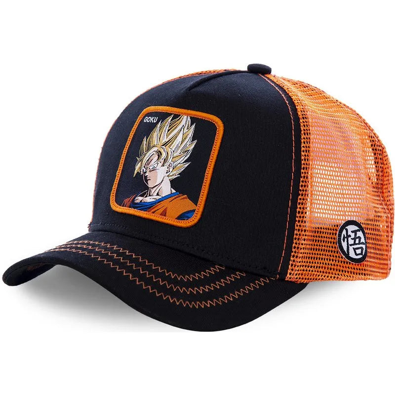 Dragon Ball Son Goku-Kappe, Sommer-Reisekappe mit Schirm, Herren-Kappe mit Stickerei, im Hip-Hop-Stil, Sonnenvisier, verstellbare Trucker-Kappe aus Netzstoff