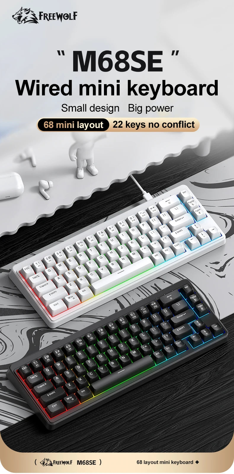 FREEWOLF M68SE 68% Mini Wired Keyboard RGB Backlit Silent Mechanical Feel Type-C Detachable Cable for PC Mac