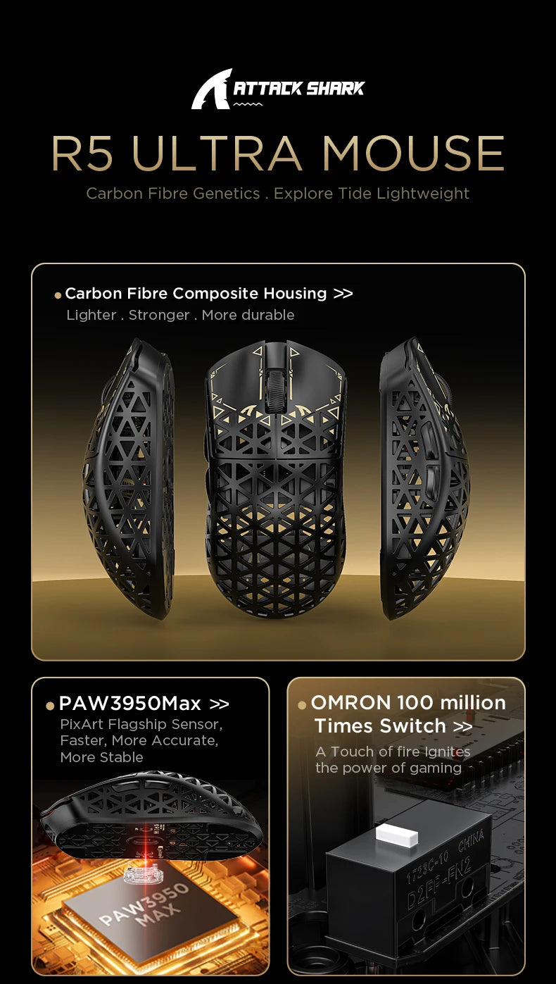 Bezdrátová herní myš ATTACK SHARK R5 Ultra Carbon Fiber, herní senzor PixArt PAW3950MAX, 42000DPI, 8000Hz, MCU Nordic 52840
