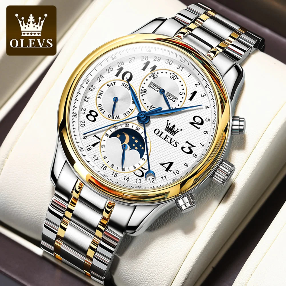 OLEVS 6667 Mens Watch Multifunctional Chronograph Mechanical Watch Leather Strap Moon Phase Watches For Man Luxury Original