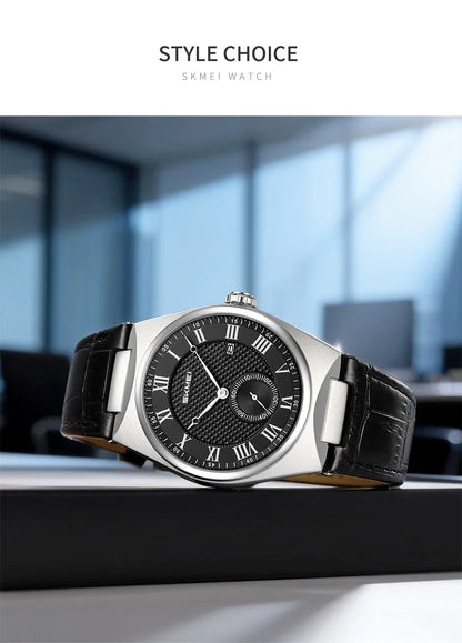 SKMEI 9390 Elegant Men's Quartz Watch Roman Scale Calendar Waterproof Leather Strap Casual Business Watches for Man Reloj Hombre