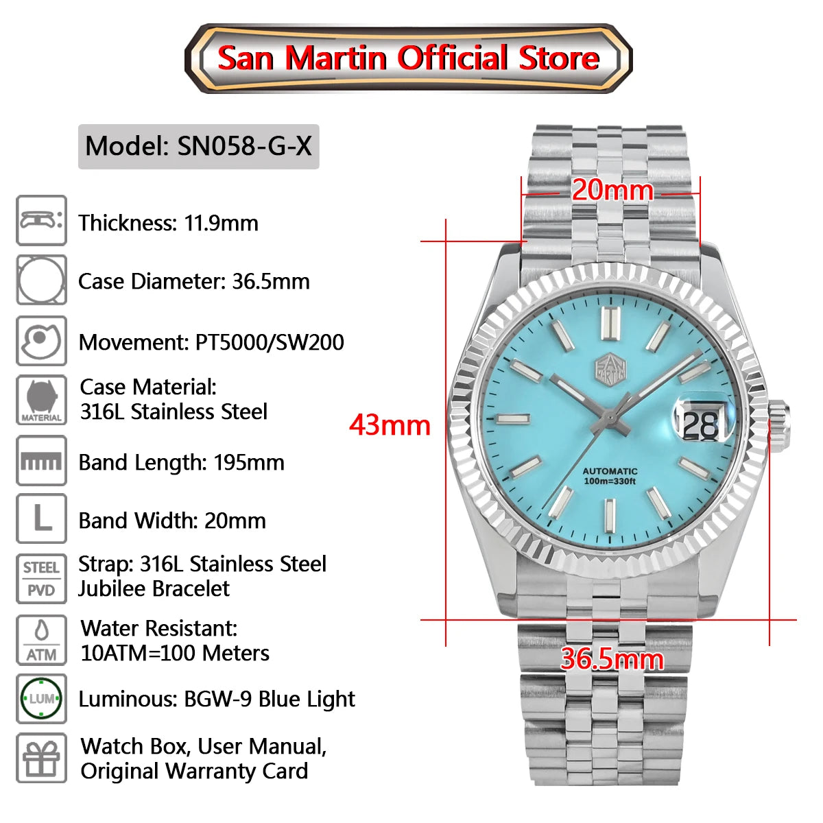 San Martin 36.5mm Men Dress Watch Top Brand Luxury Automatic Mechanical Fashion Couples Watches Sapphire Waterproof 100m BGW9