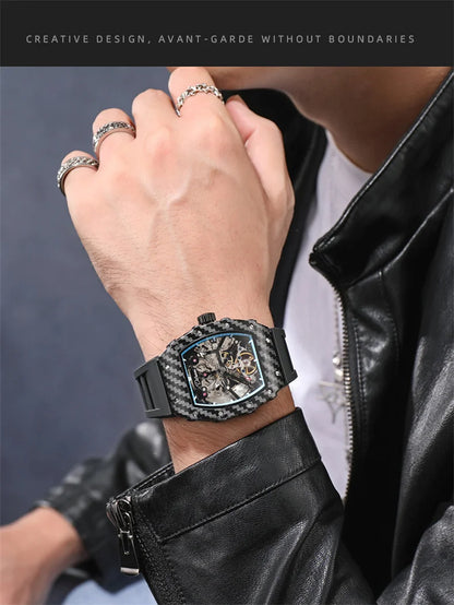 Mechanické hodinky s tourbillonem pro muže, silikonový řemínek, skeletové, tvaru tonneau, automatické, luxusní pánské hodinky Reloj Hombre
