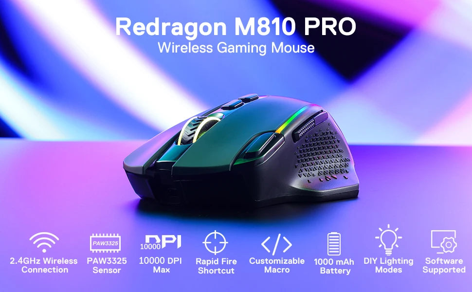 Redragon M810 Pro Wireless Gaming Mouse, 10000 DPI Wired Gamer Mouse with Rapid Fire Key, 8 Macro Buttons, Black/White Mouse
