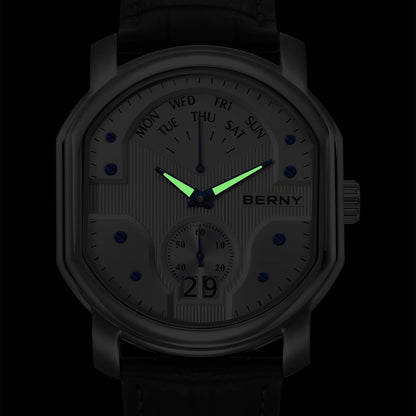 BERNY Tonneau Classic Men's Watch Quartz Luxury Top Watches Ronda 7004N Day Stainless Steel Sapphire Pendulum Dial Watch for Men