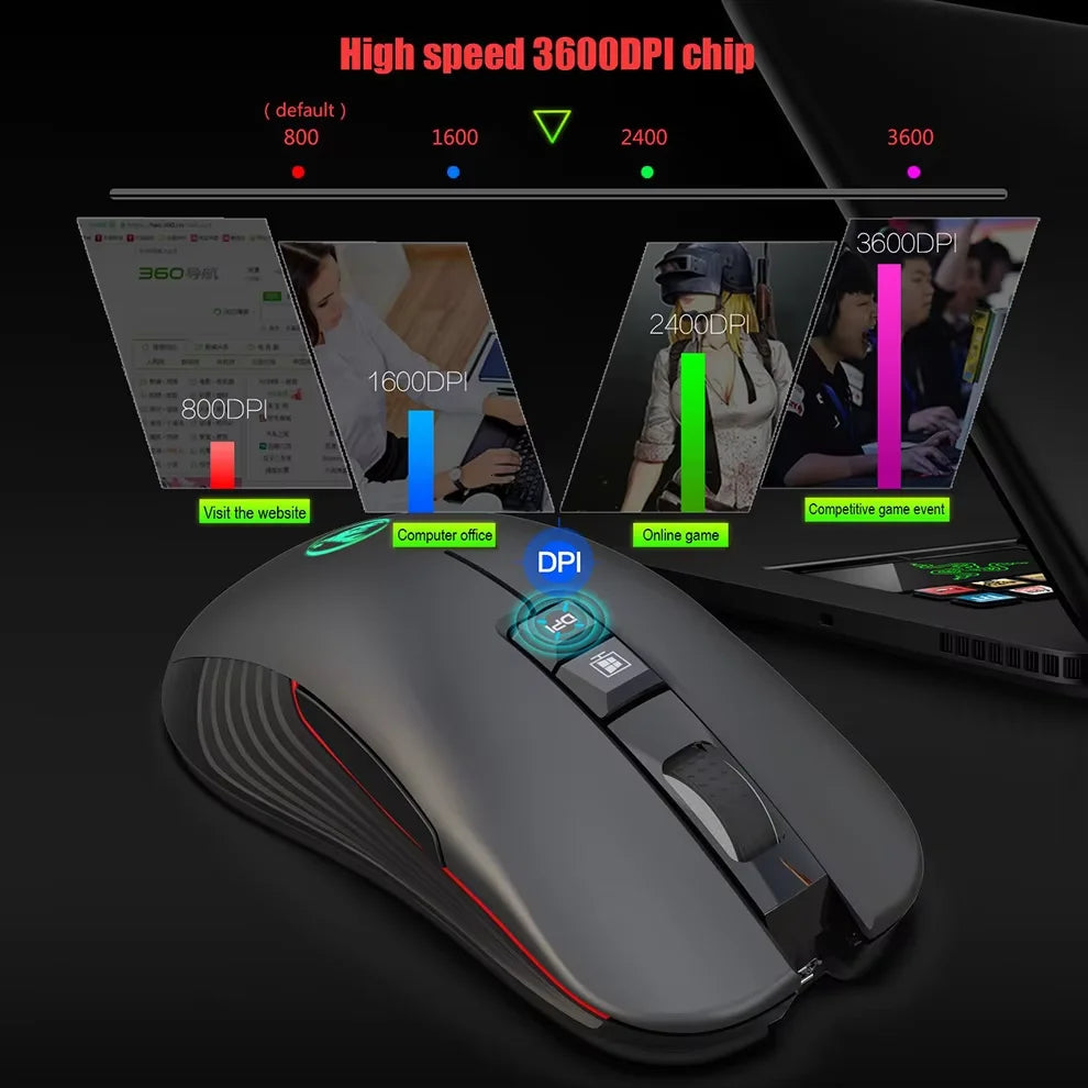 Безжична USB мишка с презареждане, за дясна ръка, с Type-C за лаптоп и компютър, тих клик, подсветка, гейминг мишка 3600cpi