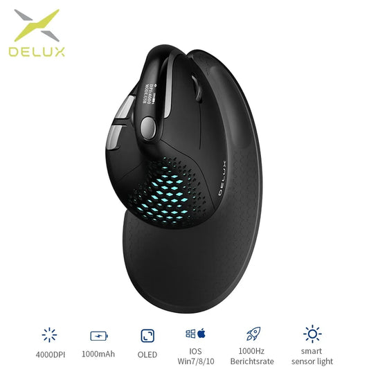 DELUX M618XSD Ergonomic Vertical Mouse with OLED Screen, 4000 DPI, Rechargeable 1000mAh Battery, Wireless & Wired Computer Mouse