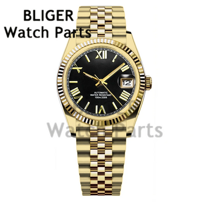 BLIGER 36MM 39MM Luxury Gold NH35 Automatic Mechanical Wristwatch Roman Number Men Watches Sapphire Crystal 10Bar Reloj Hombre