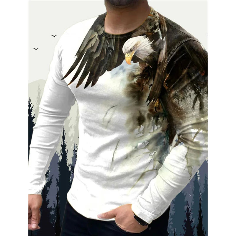 T-shirt pour homme « Wolf Eagle » imprimé en 3D, motif animalier vintage, printemps-automne, manches longues, col rond, coupe ample, style urbain