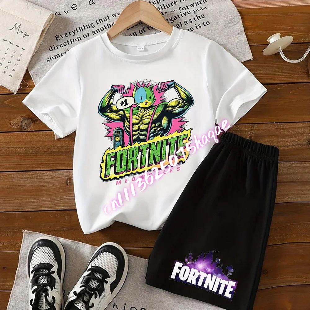 Σετ παιδικό Fortnite με T-shirt και σορτς, μπλουζάκι με εκτύπωση cartoon φιγούρας, καλοκαιρινό casual αθλητικό ένδυμα για αγόρια