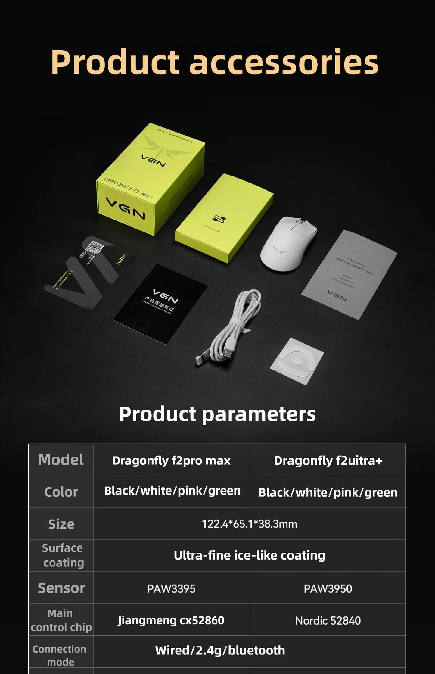 VGN Dragonfly F2 ProMax/Ultra Esports Gaming Mouse 42000DPI 0.125ms For Csgo Latency Wired/Wireless Dual 8K 3-mode PAW3395/3950