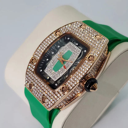 Luxury Diamond Watch For Women Elegant Tonneau Original Design Watches Fashion Ice Out Sport Rubber Strap Waterproof Mille Clock