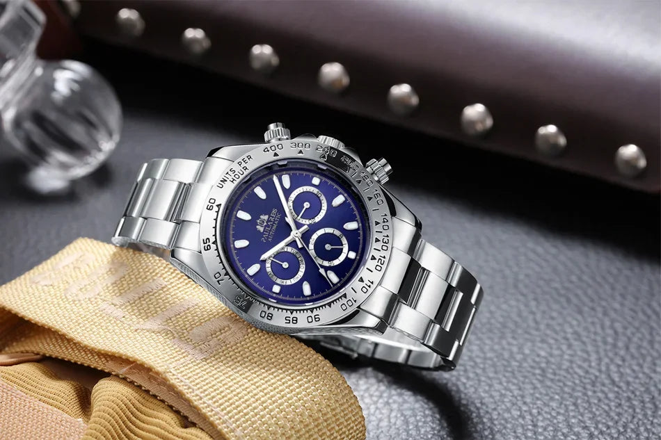 Automatic Mens Watch Self Wind Mechanical Gold Stainless Steel Glacier Ice Blue Dial Chestnut Brown Bezel Luminous Men Watches