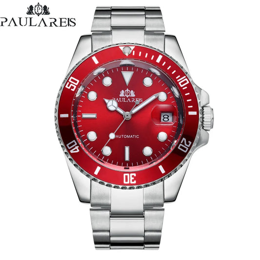 High Quality Automatic Mechanical Watch for Men Stainless Steel Red Dial Date Strong Luminous Luxury Men Watch Reloj Hombre