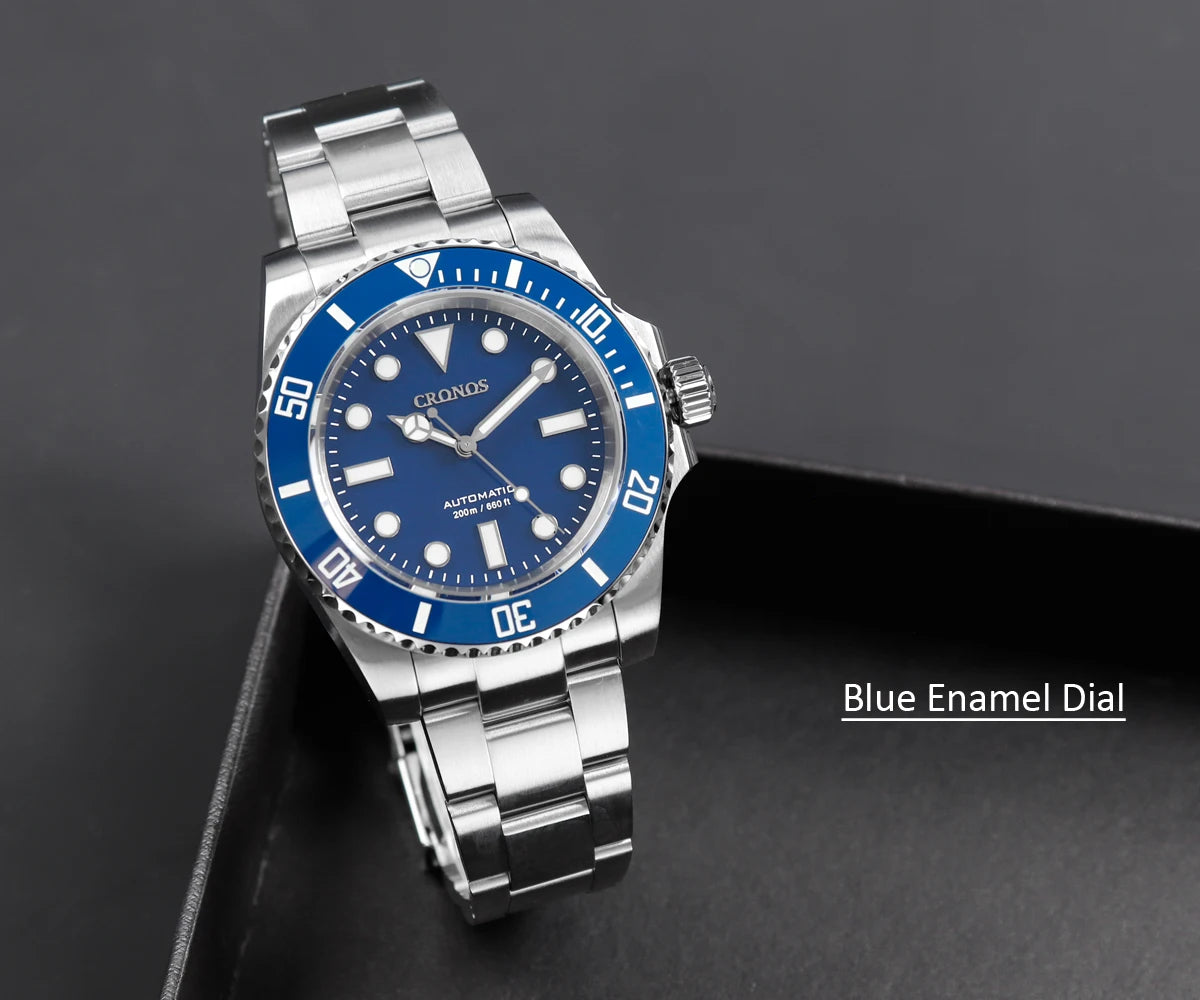 Cronos Sub Diver Men Watch No Date PT5000 Brushed Bracelet Ceramic Bezel 200 meters Water Resistant
