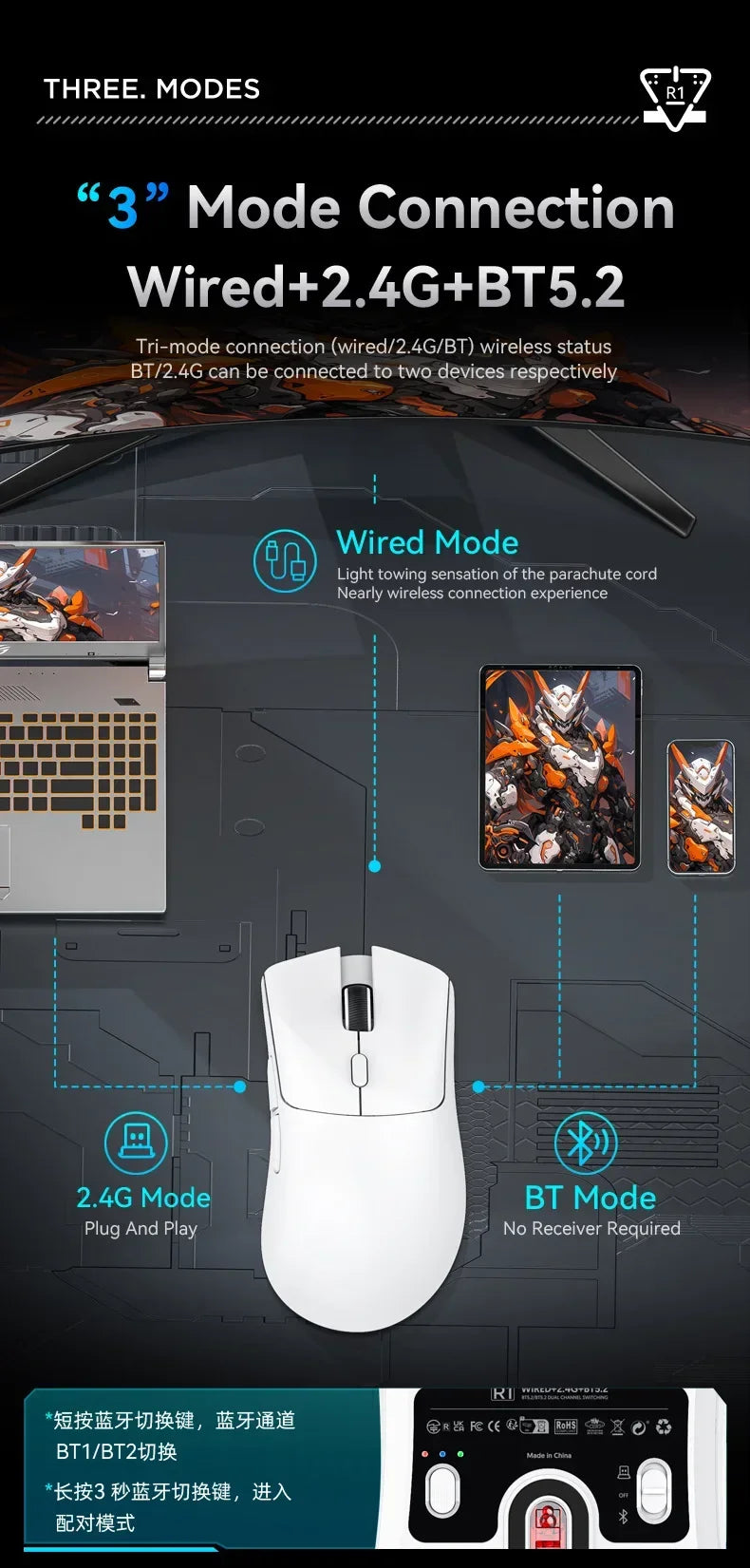 ATTACK SHARK R1 2.4G USB Wireless Bluetooth Gaming Mouse 18K DPI PAW3311 Tri-Mode Connectivity 59g Lightweight For PC Laptop Mac