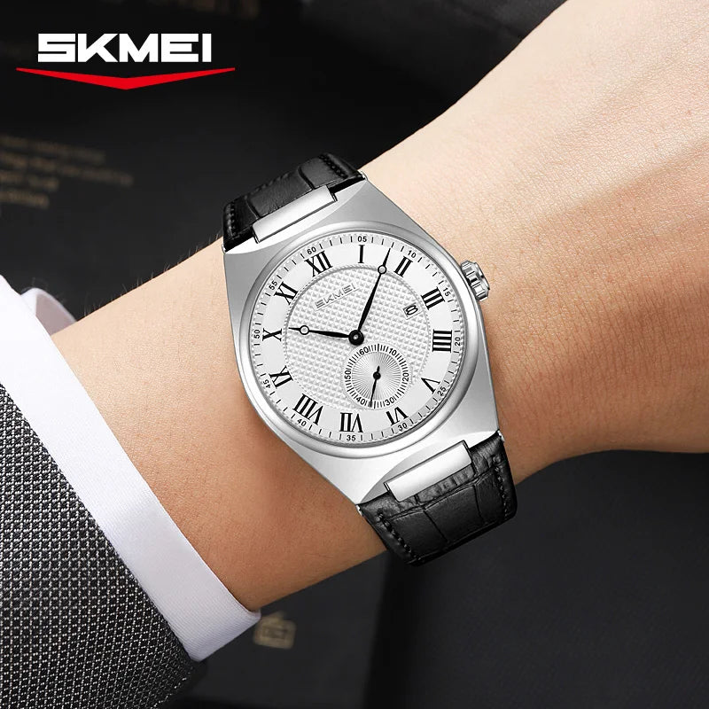 SKMEI 9390 Elegant Men's Quartz Watch Roman Scale Calendar Waterproof Leather Strap Casual Business Watches for Man Reloj Hombre