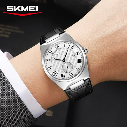 SKMEI 9390 Elegant Men's Quartz Watch Roman Scale Calendar Waterproof Leather Strap Casual Business Watches for Man Reloj Hombre