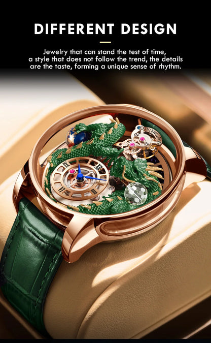 PINDU Design New 3D Dragon Earth Theme Quartz Watches Men Celestial Series Curved Mirror Transparent Design Watch Wristwatches
