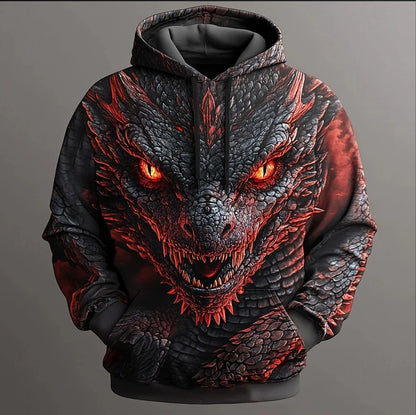 Pánská mikina s kapucí s retro dračím vzorem, 3D potisk, kreativní design, dlouhý rukáv, ležérní pulovr, stylová, cool, oversize, prodyšné oblečení