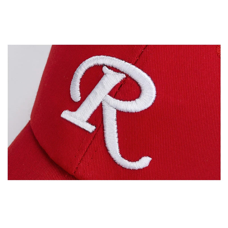 R-Buchstabe, Bandstickerei, Baumwolle, verstellbar, Baseballkappe mit festem Schirm, Sonnenhut, Trucker-Caps, Hip-Hop-Caps
