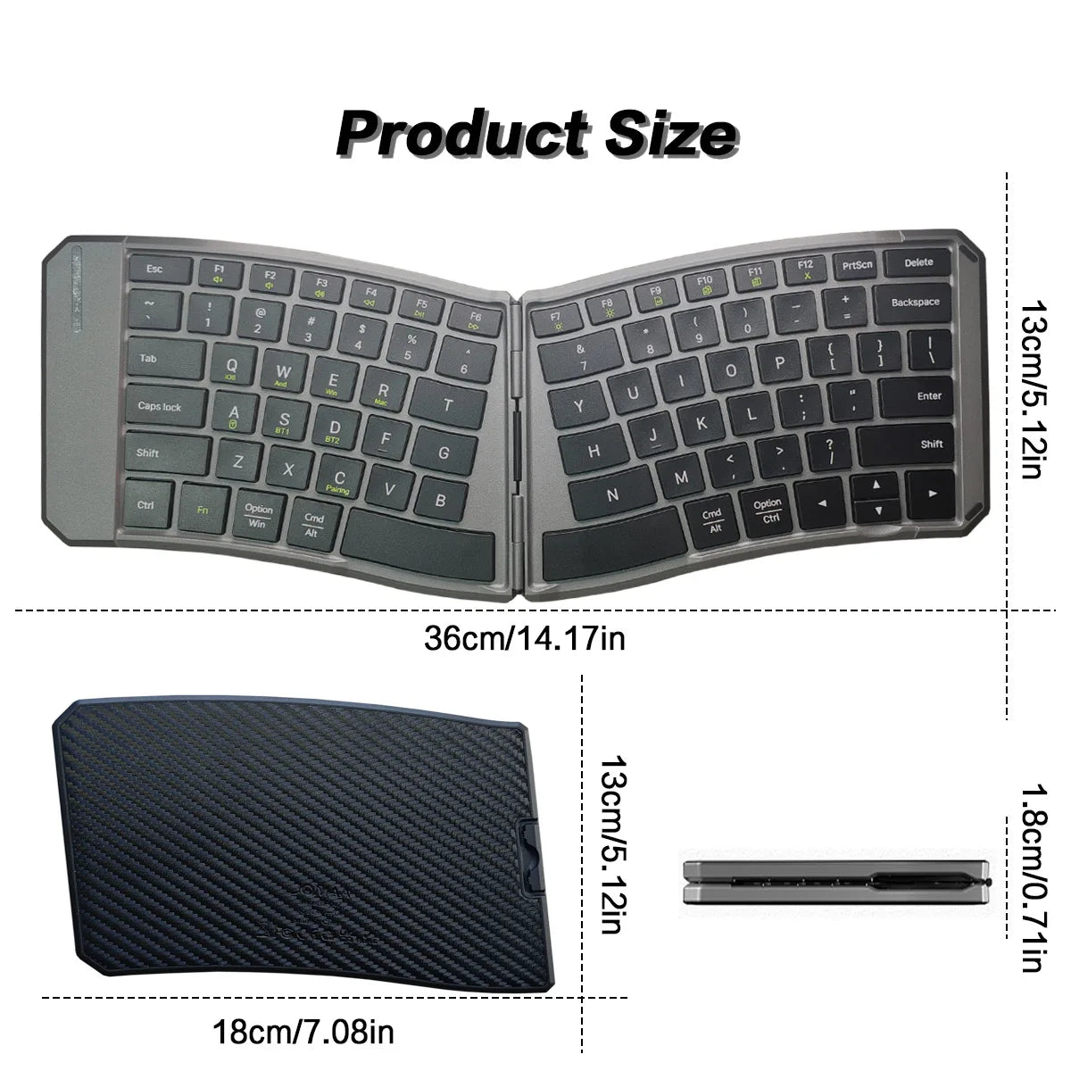 Ergonomic Foldable Bluetooth Keyboard, Split Compact Portable Keyboard for Business Travel, Folding Rechargeable Wireless Keyboard