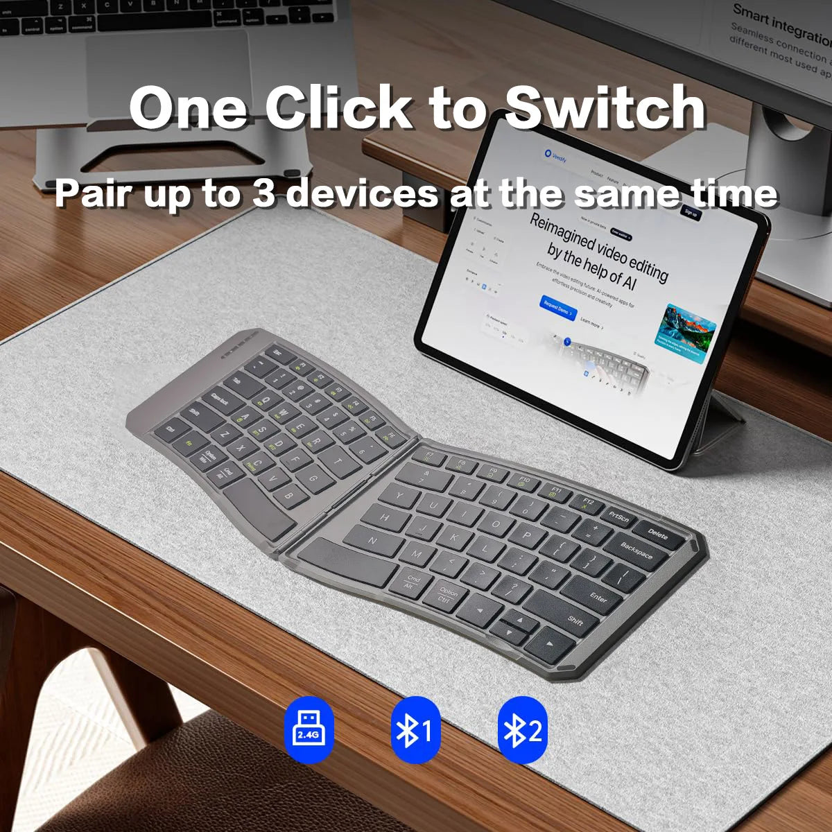Ergonomic Foldable Bluetooth Keyboard, Split Compact Portable Keyboard for Business Travel, Folding Rechargeable Wireless Keyboard
