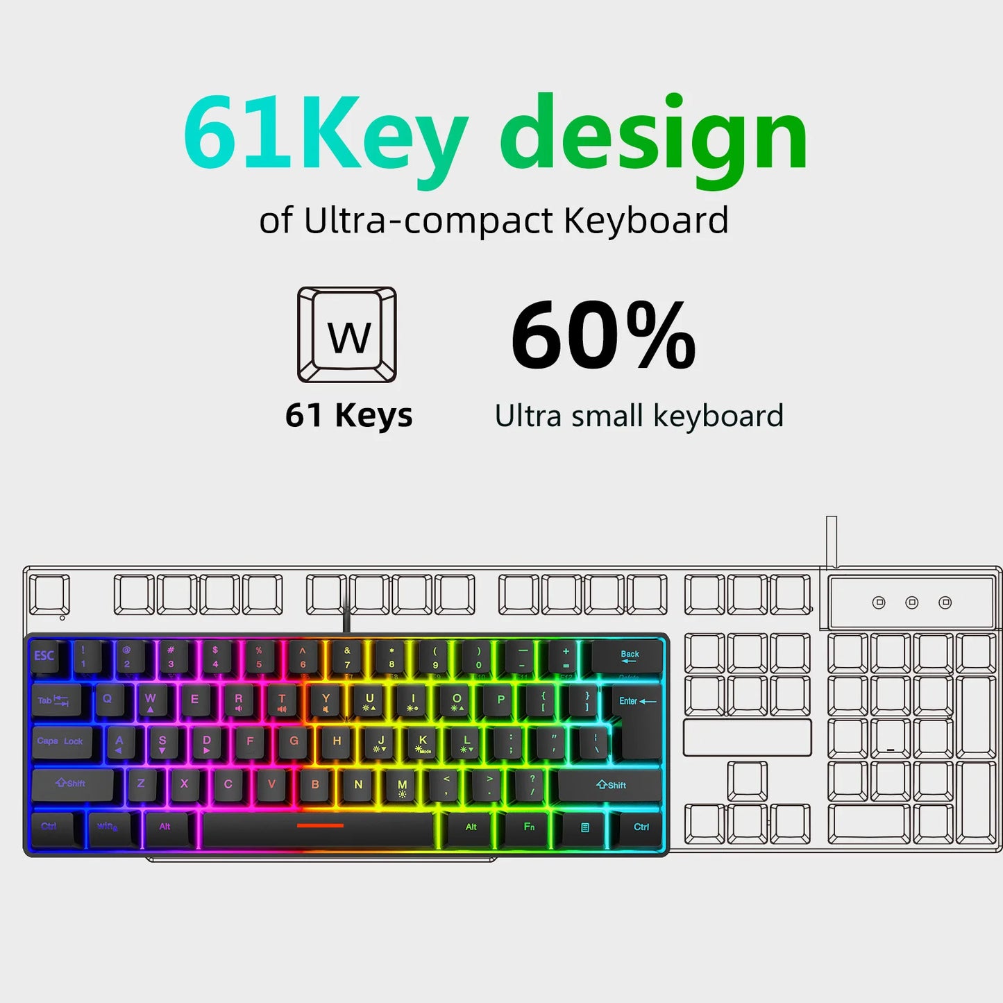 Russian Keyboard English RGB Lighting 61 Keys 60% Layout Gaming Keyboard ISO USB Wired Full Key No Impact K401 For Game Office