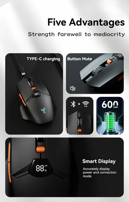 Bezprzewodowa mysz Bluetooth 2.4G z wyświetlaczem, akumulatorem 600mAh o dużej pojemności i cichymi przyciskami do gamingu oraz pracy biurowej