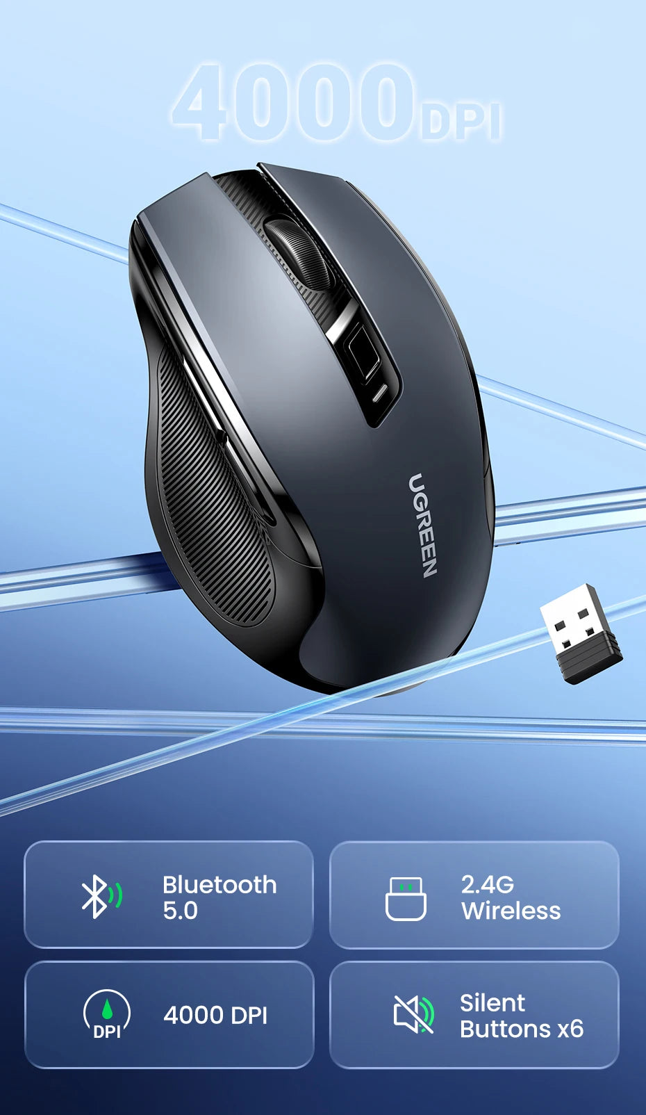 UGREEN langaton hiiri Bluetooth 5.0, ergonominen 4000DPI, 6 hiljaista painiketta, MacBookille, tabletille, kannettaville tietokoneille, tietokoneelle ja PC:lle, 2.4G-hiiri