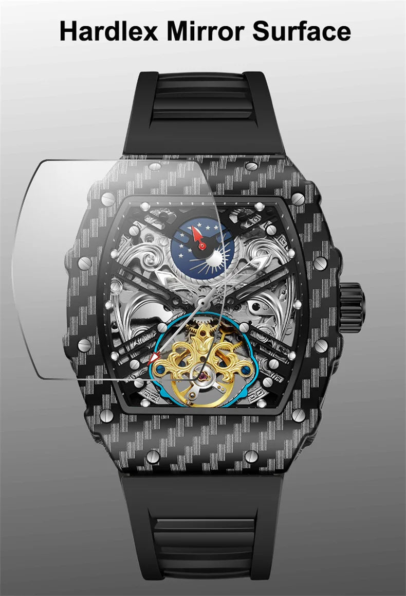 Mechanické hodinky s tourbillonem pro muže, silikonový řemínek, skeletové, tvaru tonneau, automatické, luxusní pánské hodinky Reloj Hombre