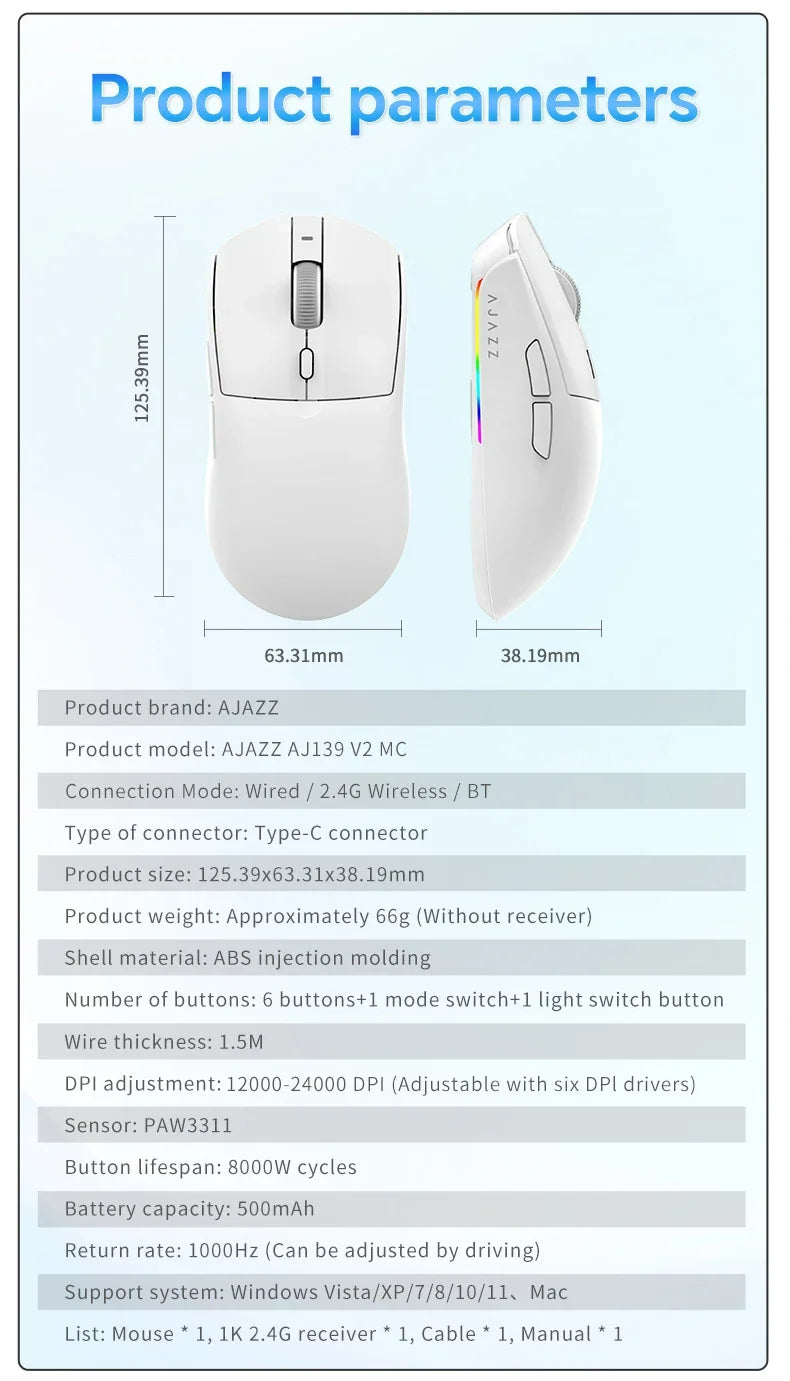 Langaton pelihiiri AJAZZ AJ139 V2 MC/AJ139 PRO, PAW3311/PAW3395-sensori, 12000DPI/26000DPI, 500mAh, Bluetooth-hiiri PC:lle
