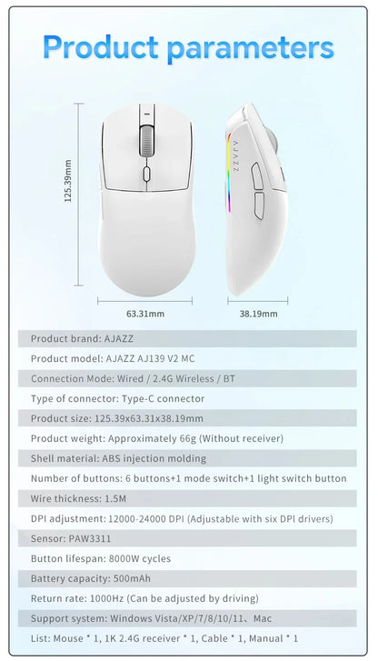 Langaton pelihiiri AJAZZ AJ139 V2 MC/AJ139 PRO, PAW3311/PAW3395-sensori, 12000DPI/26000DPI, 500mAh, Bluetooth-hiiri PC:lle