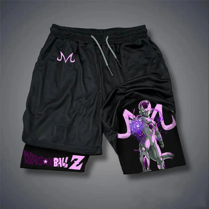 Calções Duplos Estampados Dragon Ball Majin Buu GOKU — Periféricos Gaming, Estilo Desportivo Americano, Confortáveis, Soltos e Respiráveis para Homem, Verão