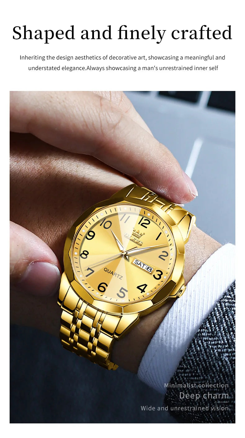 OLEVS 9970 Men Watch Original Brand Waterproof Luminous Quartz Watch Rhombus Mirror Stainless Steel Date-Day-Date Watch With Box