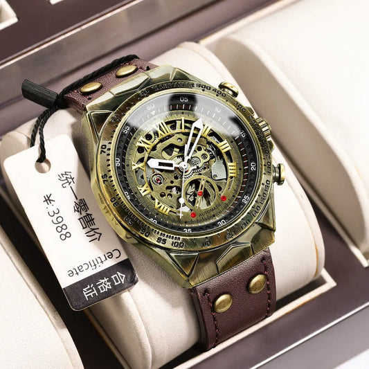 UTHAI Retro Men Watch Business Waterproof Bronze Automatic Mechanical Machine Watch Leather Strap Male Fashion Clock Wristwatch