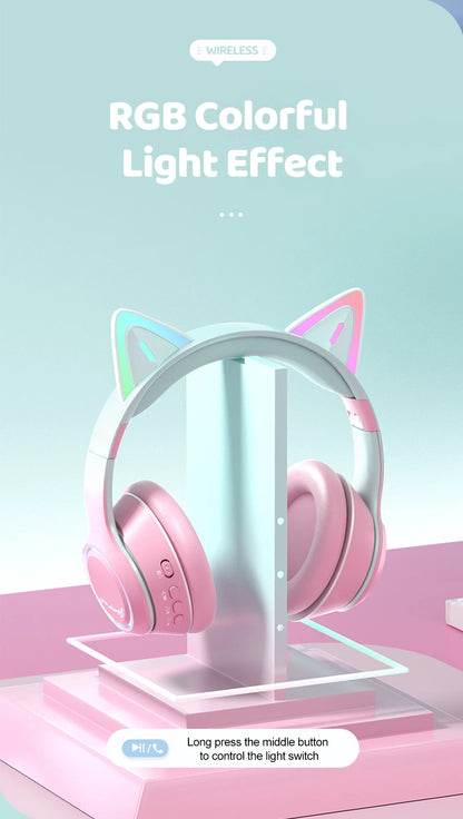 RGB Cat Ear Bluetooth Headphones Wireless Kids Headset with Microphone, Gradient LED Light Gaming Headphones, Stereo Music Bluetooth 5.3 Earphones for Girls